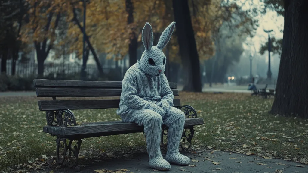 A person dressed in a fluffy grey rabbit costume sits alone on a wooden park bench with their hands in their lap.  The bench is in a park with fallen leaves scattered around, and large trees line the background. The air is hazy with a sense of solitude.