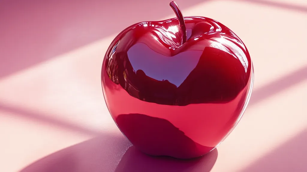 A single, perfectly round, red apple sits on a pink surface. The apple is shiny and smooth, reflecting the light from above. Its stem sticks up at the top, and the shadows from the light create interesting patterns on the pink surface.