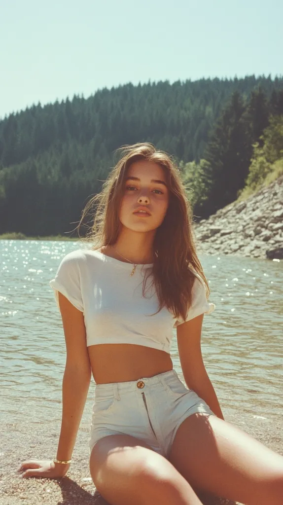 A young woman with long brown hair sits on a sandy beach, wearing a white crop top and white denim shorts. Her back is to a large body of water, and a forested hillside is visible behind her. The image has a vintage, sun-drenched aesthetic.  She is looking at the camera with a relaxed, slightly mischievous expression.
