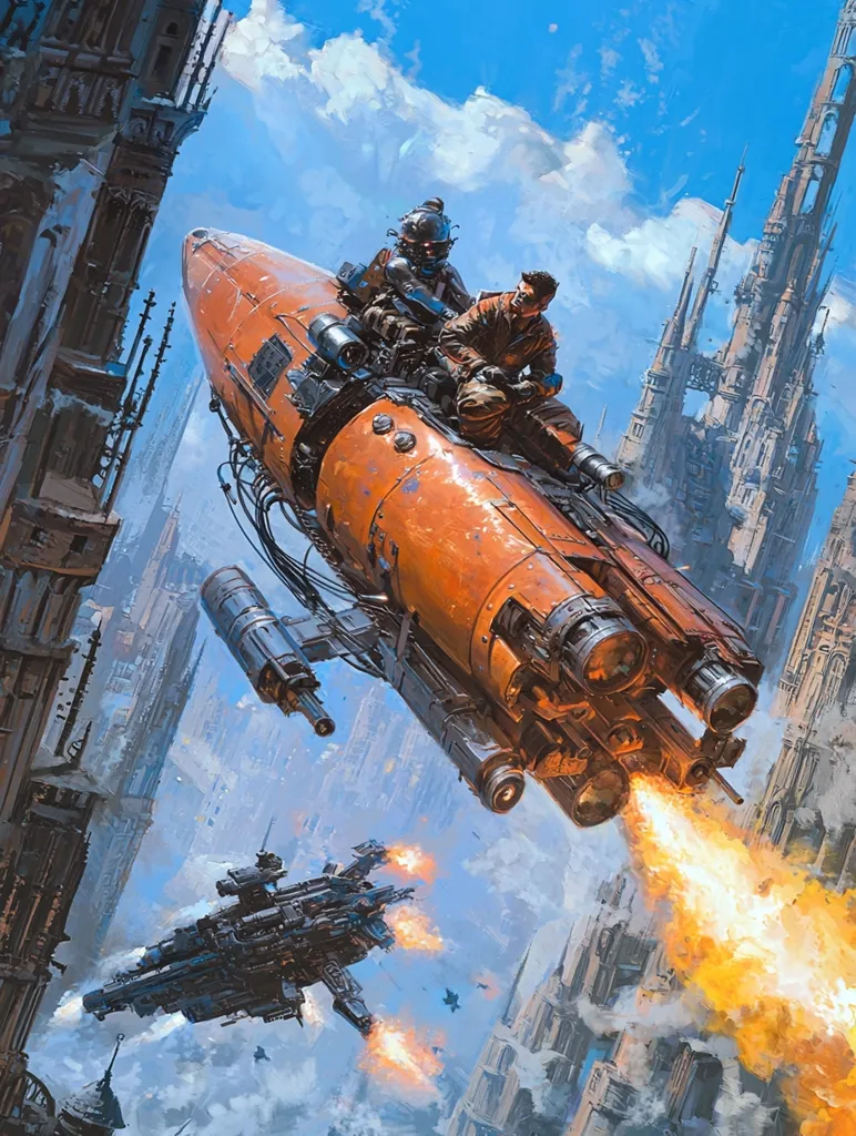 A futuristic spacecraft, resembling a long, orange bullet, flies through the air. Two figures are riding it, one in a helmet and the other in a brown jacket. The spacecraft is firing rockets, leaving trails of orange flames in the sky. Behind it, in the distance, is a city composed of tall, gothic buildings, reaching for the sky. The scene evokes a sense of dynamism and adventure.