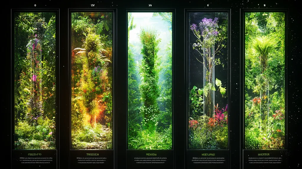 The image shows five glass cases, each containing a different type of plant life growing inside. The cases are labeled with the plant's scientific name and a short description of its origin. The cases are set against a dark background with white flecks, creating a stark contrast between the plant life and its surroundings. The image evokes a sense of wonder and curiosity about the diversity of plant life found in the world.