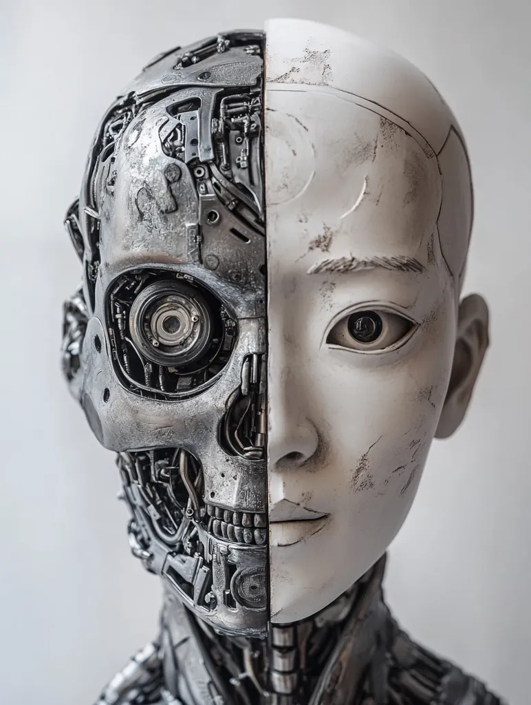 The image shows a close-up of a robot's head, split down the middle. One side is a detailed, intricate mechanical design, revealing a skull and gears. The other side is smooth, human-like skin with a subtle, worn texture. It highlights the contrasting nature of technology and humanity, leaving a thought-provoking juxtaposition of artificial and natural.