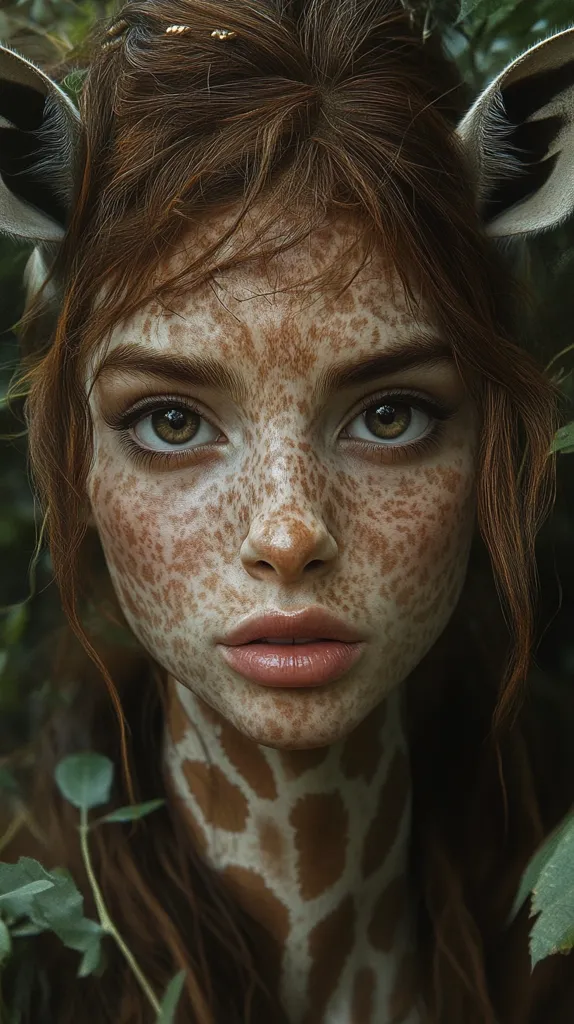 A young woman with long, red hair and freckled skin gazes intently at the viewer. She has a giraffe-like pattern on her neck and ears. The image is set in a lush, green forest, emphasizing the woman's connection to nature. Her expression is a mix of curiosity and vulnerability, suggesting a sense of wonder and transformation. The overall atmosphere is one of mystery and surreal beauty.