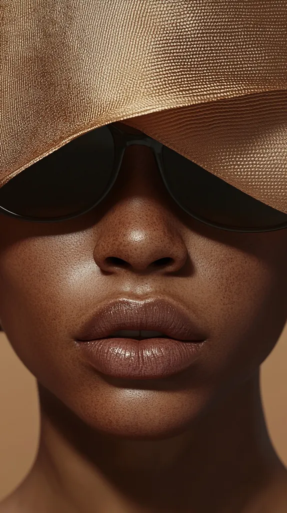 A close-up of a woman's face with a textured gold hat pulled down over her eyes and sunglasses. Her lips are parted slightly and her expression is neutral. The focus is on her smooth skin and the delicate details of her features. The lighting is soft and warm, creating a sensual mood.