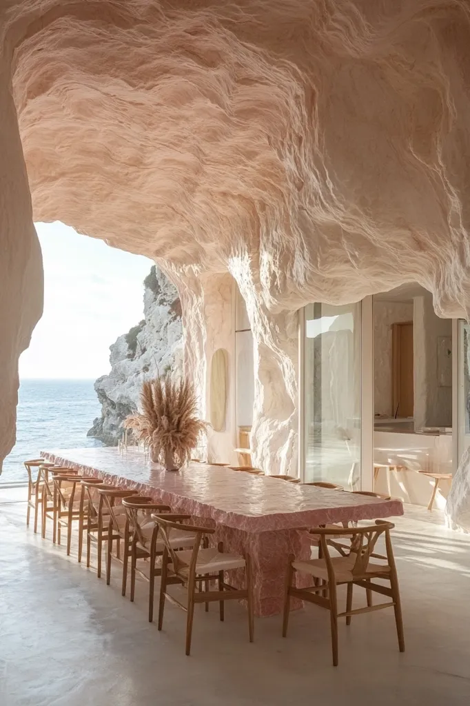 A long dining table made of pink stone sits inside a cave overlooking the ocean. The table is surrounded by wooden chairs. The cave walls are a light pink, and the sun shines through the opening, casting a warm glow on the scene. The ocean is a deep blue, and the cliffside is white and rocky. The scene is peaceful and serene, a perfect place to enjoy a meal with friends and family.