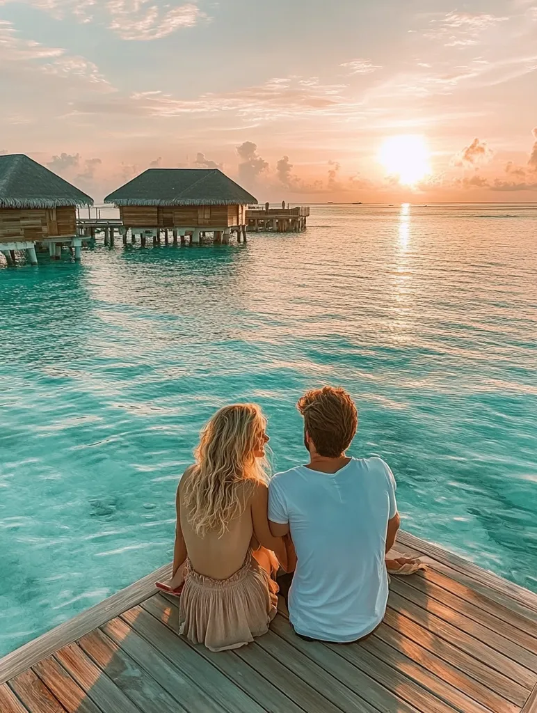 A couple sits on a wooden pier overlooking a tropical lagoon. The water is crystal clear, and the sky is a soft pink and orange. In the distance, there are two wooden bungalows on stilts. The sun is setting in the background, casting a warm glow over the scene. The couple looks out at the water, their backs to the camera. They appear to be enjoying the peace and tranquility of their surroundings.