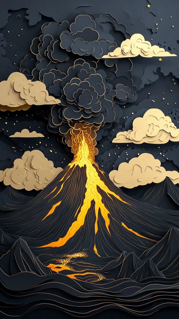 A stunning paper art creation depicting a volcanic eruption. The black mountain with yellow lava flowing down is surrounded by fluffy clouds. The image is filled with intricate details, creating a three-dimensional effect. The background is adorned with sparkling stars. The artwork uses contrasting colors and textures to create a captivating visual experience.