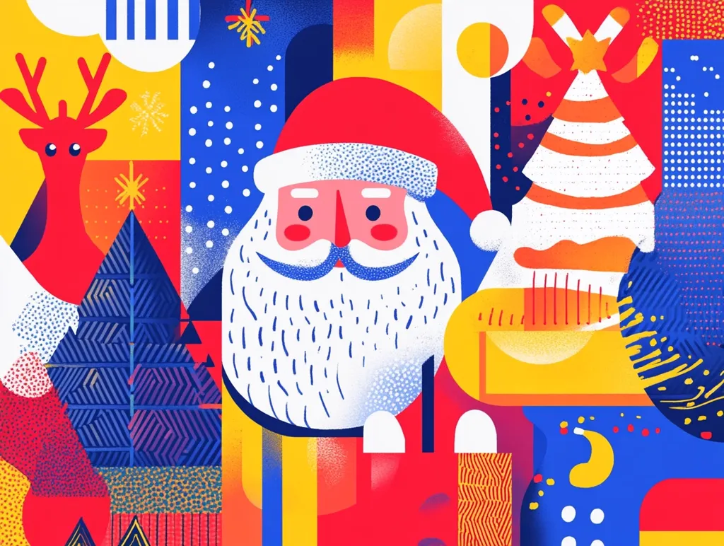 The image is a colorful and abstract Christmas scene. It features a stylized Santa Claus with a white beard, a Christmas tree, and a reindeer. The background is a patchwork of geometric shapes and patterns in red, yellow, blue, and white. The image is whimsical and festive.