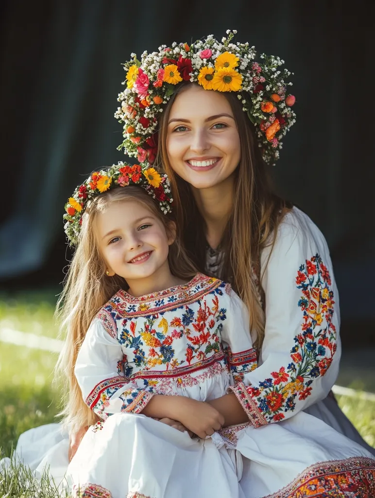 A mother and her young daughter are wearing traditional Ukrainian embroidered dresses.  The mother is smiling and has a crown of flowers on her head, while the daughter is looking at the camera with a sweet expression. The girls are both dressed in white, with colorful embroidery around the neckline and sleeves.  The background is a grassy field.