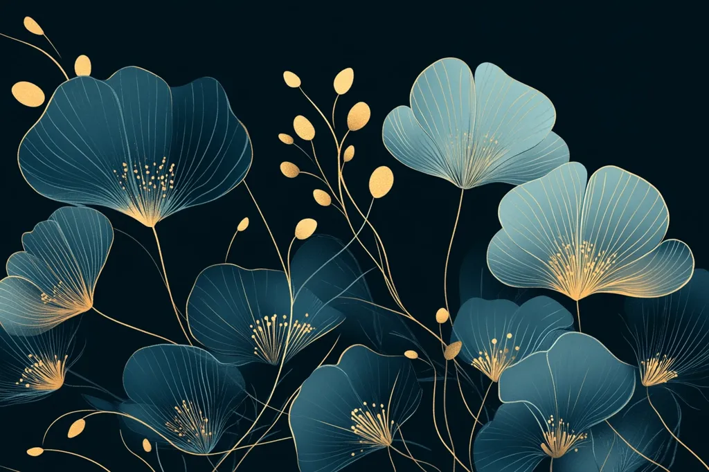 The image depicts a cluster of delicate blue flowers with gold accents, set against a dark background. The flowers have thin, translucent petals and intricate details, giving the impression of a dreamlike, ethereal scene. The golden accents, including stems and centers, add a touch of elegance and luxury, creating a visually striking contrast against the cool blue tones.  The composition is both symmetrical and asymmetrical, with flowers overlapping and flowing in various directions. The overall effect is one of beauty, tranquility, and subtle sophistication.
