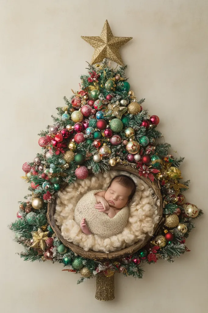 A newborn baby is sleeping peacefully in a wooden bowl nestled within a festive Christmas tree made of green fir branches adorned with colorful ornaments and a golden star on top. The baby is wrapped in a cream-colored blanket, surrounded by a cozy white fur, creating a heartwarming scene. The image evokes a sense of joy and tranquility, capturing the essence of the holiday season.