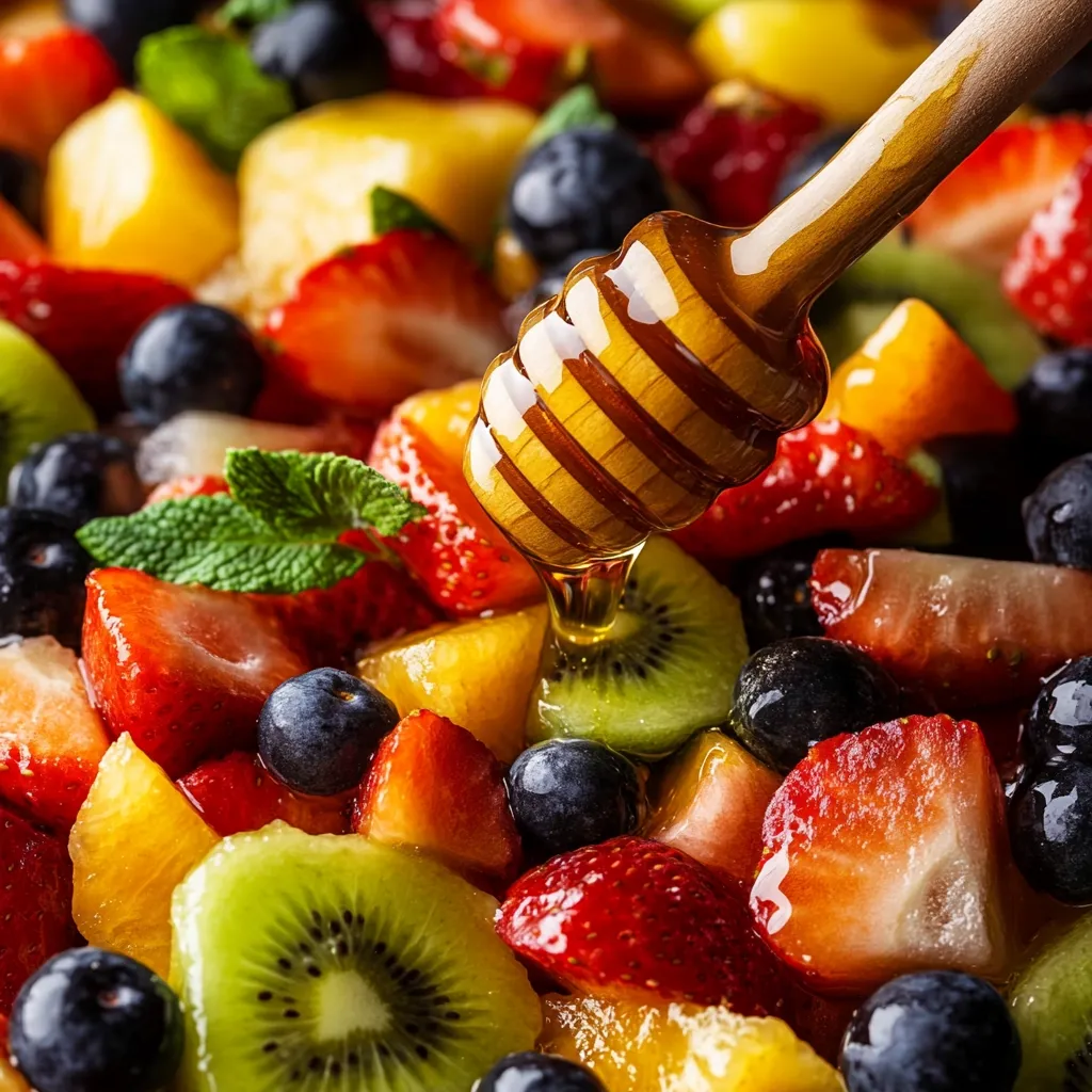 A vibrant fruit salad with a wooden honey dipper pouring honey over the top. The salad contains strawberries, kiwi, blueberries, orange, and pineapple.  The colorful fruits are arranged in a visually appealing way and topped with fresh mint leaves. The honey adds a touch of sweetness and a beautiful golden sheen to the salad.  The image is a delicious and refreshing display of summer fruits.