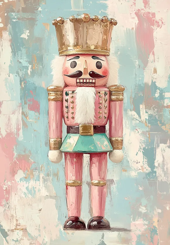 The painting features a pink and teal nutcracker standing against a pale blue and pink background. It is painted in a textured style with visible brushstrokes, giving it a whimsical and slightly distressed look. The nutcracker wears a golden crown and has a detailed face with painted features.