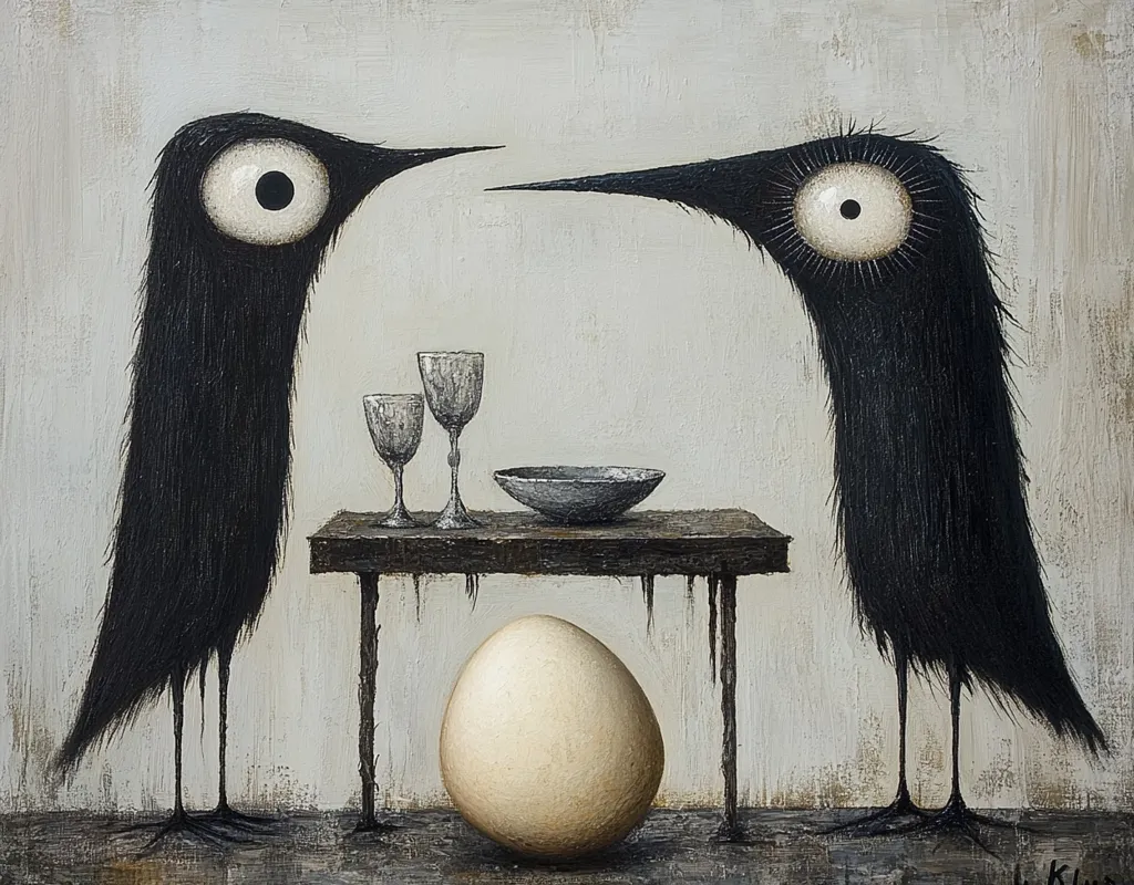The painting features two black, anthropomorphic birds with large, white eyes. They stand opposite each other, looking at a table set with two glasses, a bowl, and a large white egg. The birds are in a stylized, almost cartoonish style, suggesting an unsettling or surreal scene. The background is a simple, off-white canvas. The painting's muted colors and odd subject matter create an atmosphere of intrigue.