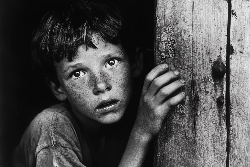 A young boy with freckles and a worried expression peers from behind a weathered wooden door. His hand rests on the door, his fingers curled slightly. The image is in black and white, creating a sense of somberness. The boy's eyes are wide, conveying a sense of fear or vulnerability. The texture of the wood and the lines on the boy's face contribute to the overall feeling of age and hardship.