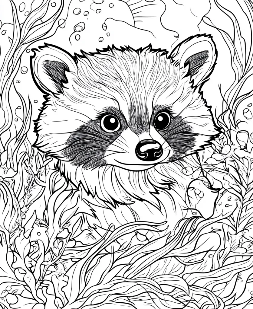 The image is a detailed line drawing of a raccoon's face. The raccoon is looking directly at the viewer, and its fur is drawn with fine detail, as is its nose, eyes, and ears. The raccoon is surrounded by a tangle of foliage, with leaves and flowers growing all around it. The image is drawn in black and white, and there is a sense of depth and detail in the way the artist has drawn the raccoon and its surroundings.  The image appears to be a coloring page, and the detailed linework invites the viewer to fill in the scene with color.