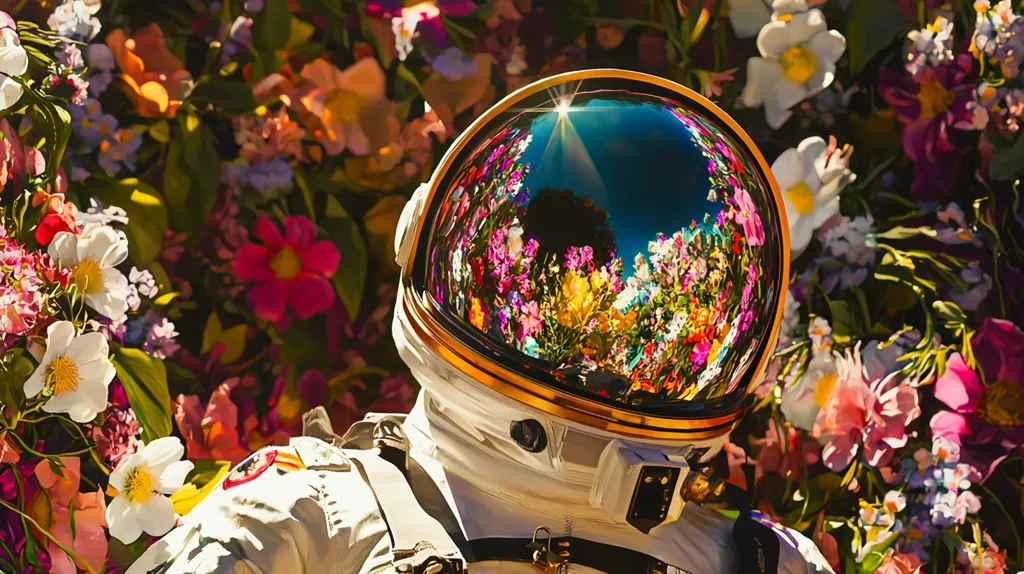 An astronaut's helmet reflects a vibrant, colorful field of flowers. The helmet is gold and white, and the astronaut is wearing a white spacesuit. The flowers are in full bloom, with a variety of colors and shapes. The image is a surreal and whimsical representation of the beauty and wonder of nature. The astronaut's helmet acts as a window into a world of floral beauty, showcasing the contrast between the vastness of space and the delicate beauty of nature.