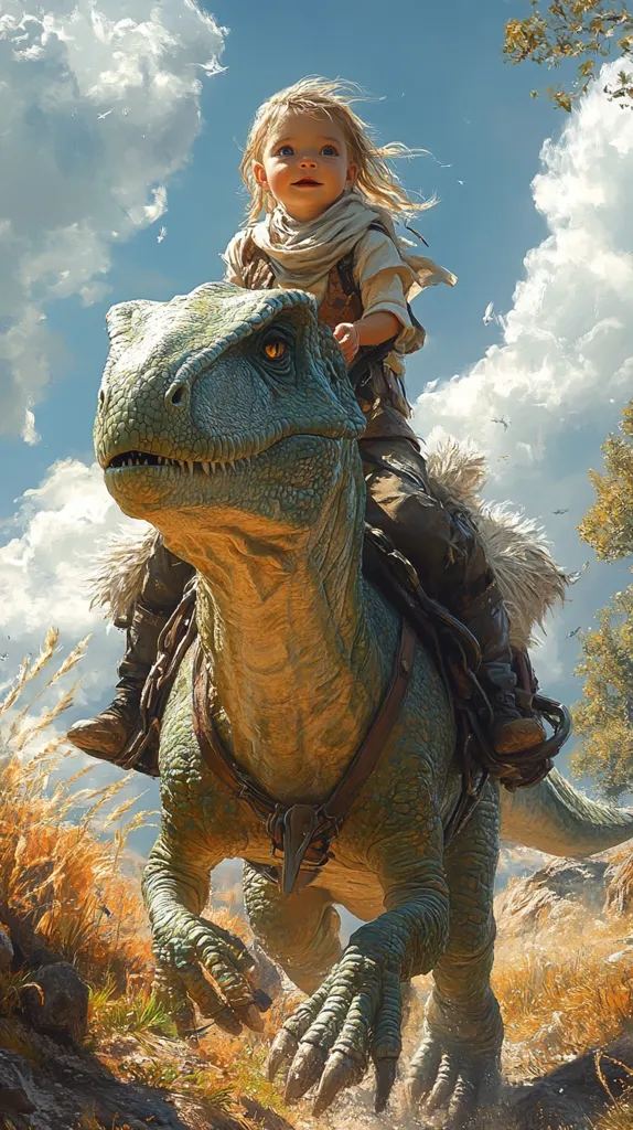 A young girl, with blonde hair and bright blue eyes, rides a large, green dinosaur through a grassy landscape. She is wearing a brown tunic and a white scarf, and the dinosaur is adorned with a brown saddle. The sky is bright blue with fluffy white clouds, and the scene is bathed in warm, natural light. The girl looks ahead with a determined expression, and the dinosaur appears to be moving forward with a powerful stride. The image evokes a sense of adventure and wonder.