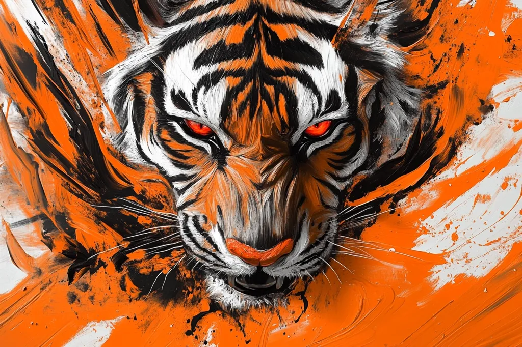 A close-up painting of a tiger's face, with intense red eyes, black stripes, and a powerful, snarling expression. The background is a vibrant orange and black abstract design, creating a sense of movement and energy. The bold colors and striking detail highlight the tiger's ferocity and predatory nature.