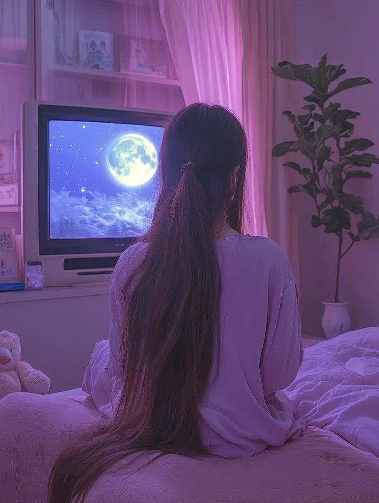 A young woman with long brown hair sits on a bed, facing a television playing a scene of a starry sky with a large moon. The room is bathed in a soft, purple glow, and the woman is wearing a light purple shirt. A stuffed animal sits on the bed beside her.  The room has a peaceful and serene atmosphere.