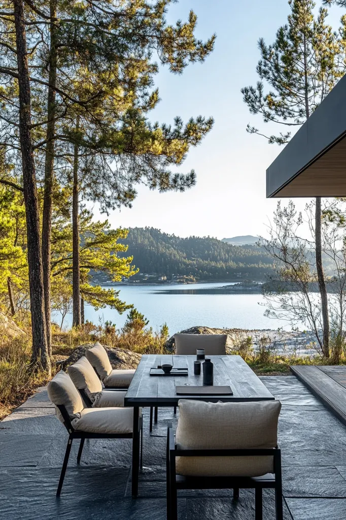 A wooden table with black chairs sits on a slate patio overlooking a calm lake. The table is set with placemats and small decor. Lush green trees surround the patio, providing a natural backdrop to the serene scene. The view from the patio is breathtaking, with a forested mountain range across the water. The entire image exudes tranquility and a sense of peaceful escape.