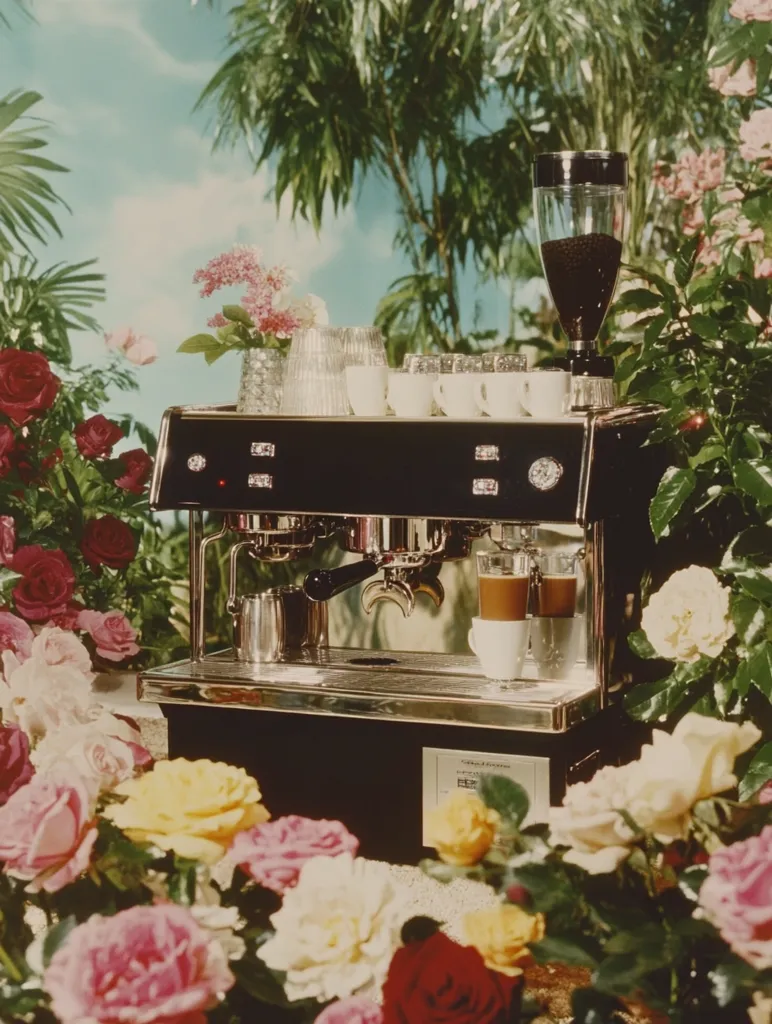 A sleek, stainless steel espresso machine sits on a counter, surrounded by lush greenery and delicate flowers.  The machine has two spouts, and two cups of espresso sit on a silver tray beneath them.  The background features a lush tropical garden, with palm trees and flowering shrubs. The light blue sky in the background adds to the sense of peace and tranquility.  The image creates a scene of sophisticated relaxation, perfect for enjoying a delicious cup of espresso.