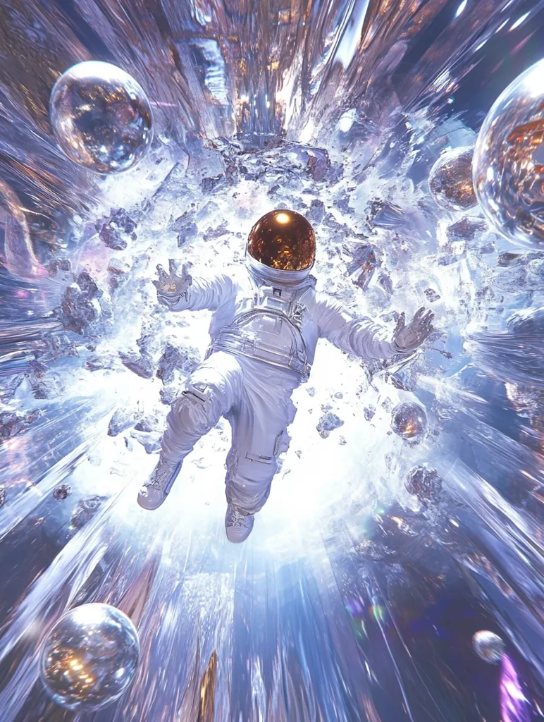 An astronaut in a white spacesuit with a gold helmet falls through a shimmering, white tunnel.  The tunnel is filled with sparkling particles, and a bright light shines at the end. There are glowing orbs scattered around the astronaut.  The image is a surreal and dreamlike vision of space travel.