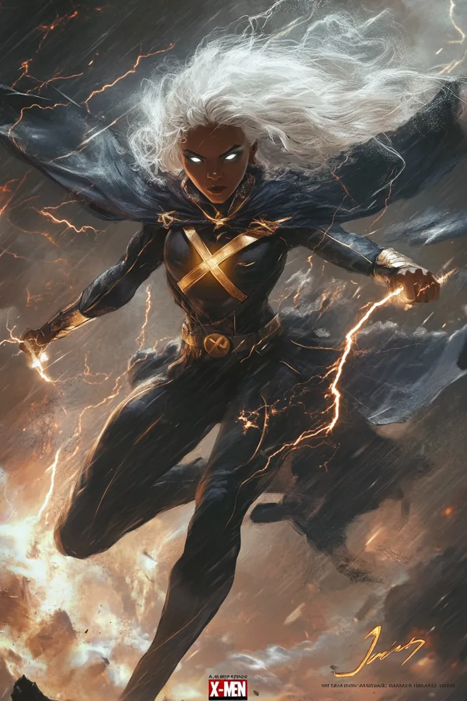 Storm, a powerful mutant with the ability to control weather, stands amidst a raging storm. Her white hair whips around her face, her eyes glow with power, and lightning crackles around her hands. She wears a black and gold costume with a prominent "X" on her chest. The background is a fiery inferno, suggesting a battle scene. The image is full of action and energy, highlighting Storm's formidable strength and the destructive nature of her power.