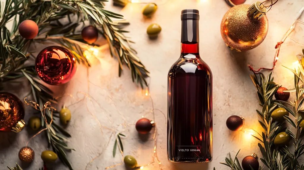 A bottle of red wine sits on a table surrounded by festive decorations.  The bottle is labeled "Vielto Vinina".  There are sprigs of rosemary, string lights, olives and ornaments in red and gold scattered across the table. The image is warm and inviting, suggesting a celebration or gathering.