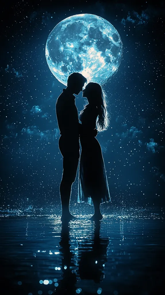 A silhouette of a couple standing close together against a backdrop of a full moon and a starry night sky. The couple is facing each other, their bodies touching, suggesting intimacy and love. The blue tones of the sky, moon, and water create a romantic and serene atmosphere. The couple's reflection in the water adds depth and enhances the overall dreamy feel of the image.