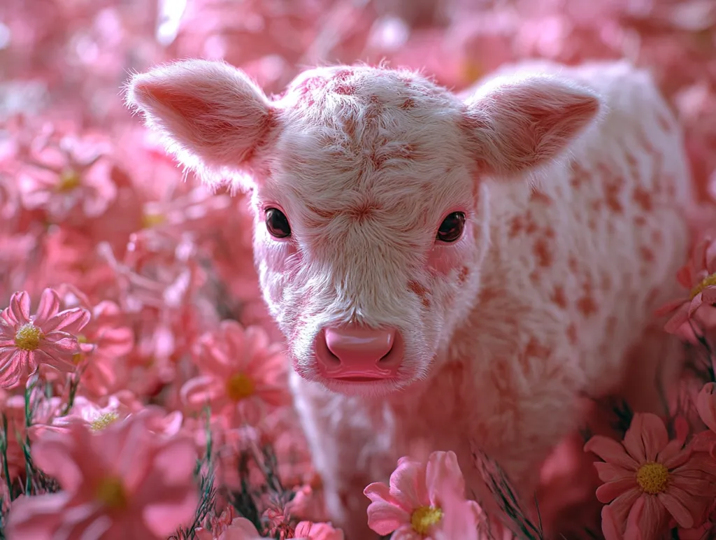 A pink and white calf stands amidst a field of soft pink flowers. The calf's fur is a delicate blend of white and pink, creating a striking contrast against the flowers. Its large, dark eyes are wide and innocent, and its small, pink nose twitches slightly. The calf is surrounded by a sea of pink, creating a dreamy and ethereal scene. The image evokes a sense of gentleness and purity, highlighting the beauty of nature and the innocence of youth.
