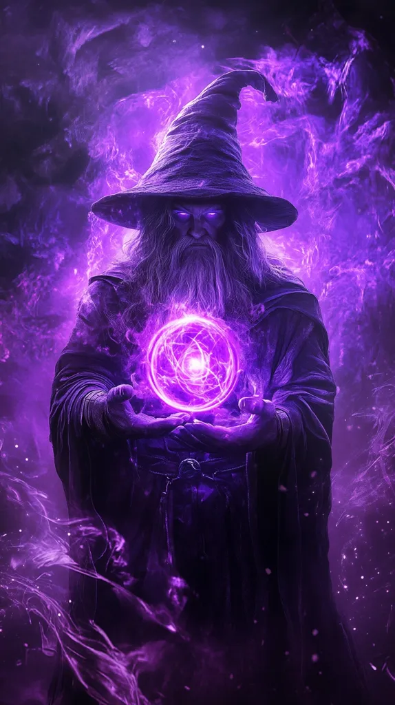 A wizard in a purple robe and pointed hat holds a glowing purple orb in his hands. He is surrounded by swirling purple smoke and his eyes glow with power. The image suggests magic, mystery, and a sense of ancient power.