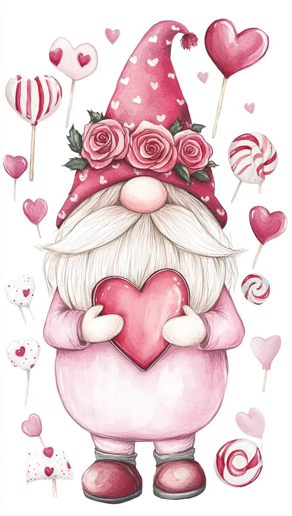 A pink gnome with a white beard holds a heart-shaped candy in its hands. It is wearing a pink hat with white hearts and a wreath of roses. Surrounding the gnome are various heart-shaped candies and other sweet treats. The illustration is painted in a watercolor style.