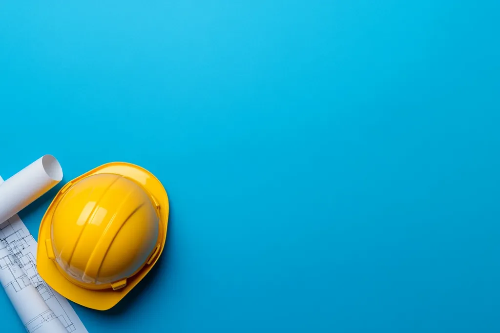 A yellow hard hat sits on a bright blue background, with a rolled up blueprint partially visible in the lower left corner. The image is simple and clean, emphasizing the bright colors and clean lines. The hard hat represents construction and safety, while the blueprint suggests planning and design. The overall feel is professional and organized.