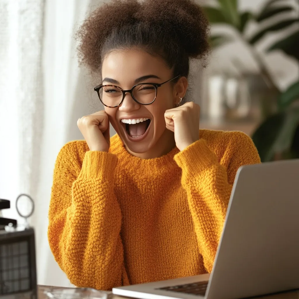 A young woman with dark curly hair is wearing glasses and a yellow sweater. She is looking at the camera with a wide open mouth and her hands clenched into fists. She looks excited and happy. She is sitting at a desk with a laptop in front of her. The background is blurry, but there is a plant in the background.