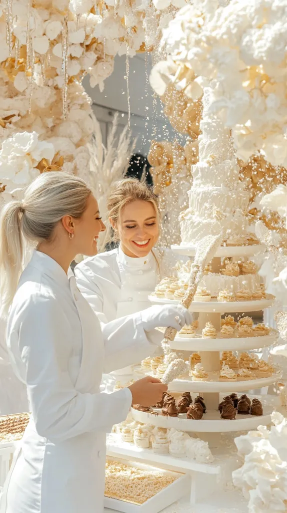 Two women in white chef uniforms are decorating a multi-tiered dessert display with small, white cakes and chocolate truffles. The display is surrounded by a white, fluffy, and sparkling backdrop. The women are smiling and appear to be enjoying their work. The image is light and airy, with a focus on the sweetness of the desserts.