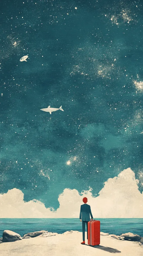 The image depicts a solitary figure standing on a sandy shore, gazing out at a vast expanse of water beneath a night sky adorned with countless stars. The figure, clad in a dark suit, holds a red suitcase. A white plane, resembling a fish, glides through the sky, adding a surreal touch to the scene. The overall mood is one of contemplation and anticipation, suggesting a journey into the unknown.
