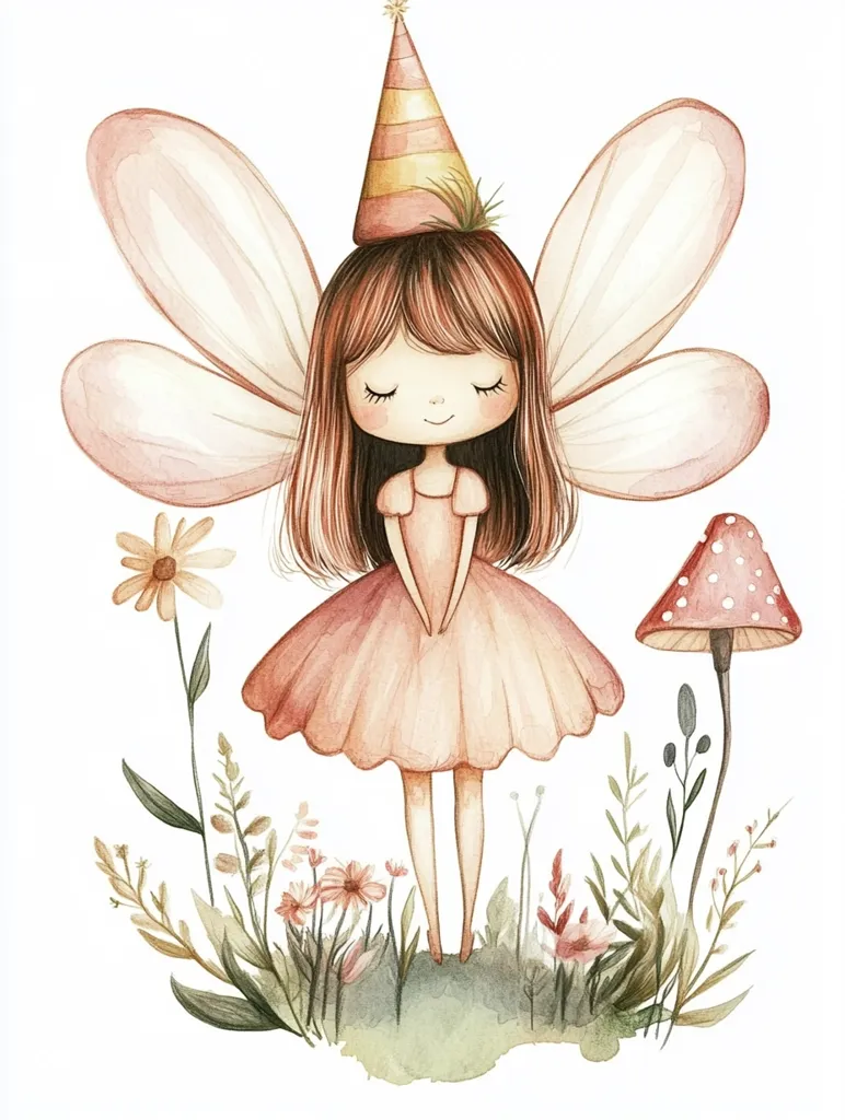 A watercolor illustration of a fairy with pink wings and a party hat. She is wearing a pink dress and standing in a field of flowers.  She has a gentle expression on her face and her eyes are closed.  There is a mushroom to the right of her. The image has a whimsical and charming style.
