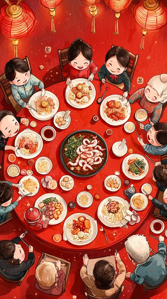 A group of people are gathered around a round table, enjoying a meal. The table is laden with various dishes of Chinese cuisine, including seafood, vegetables, and noodles. Red lanterns hang from the ceiling, creating a festive atmosphere. The people are all smiling and seem to be enjoying each other's company. The illustration captures the warmth and joy of a family gathering.