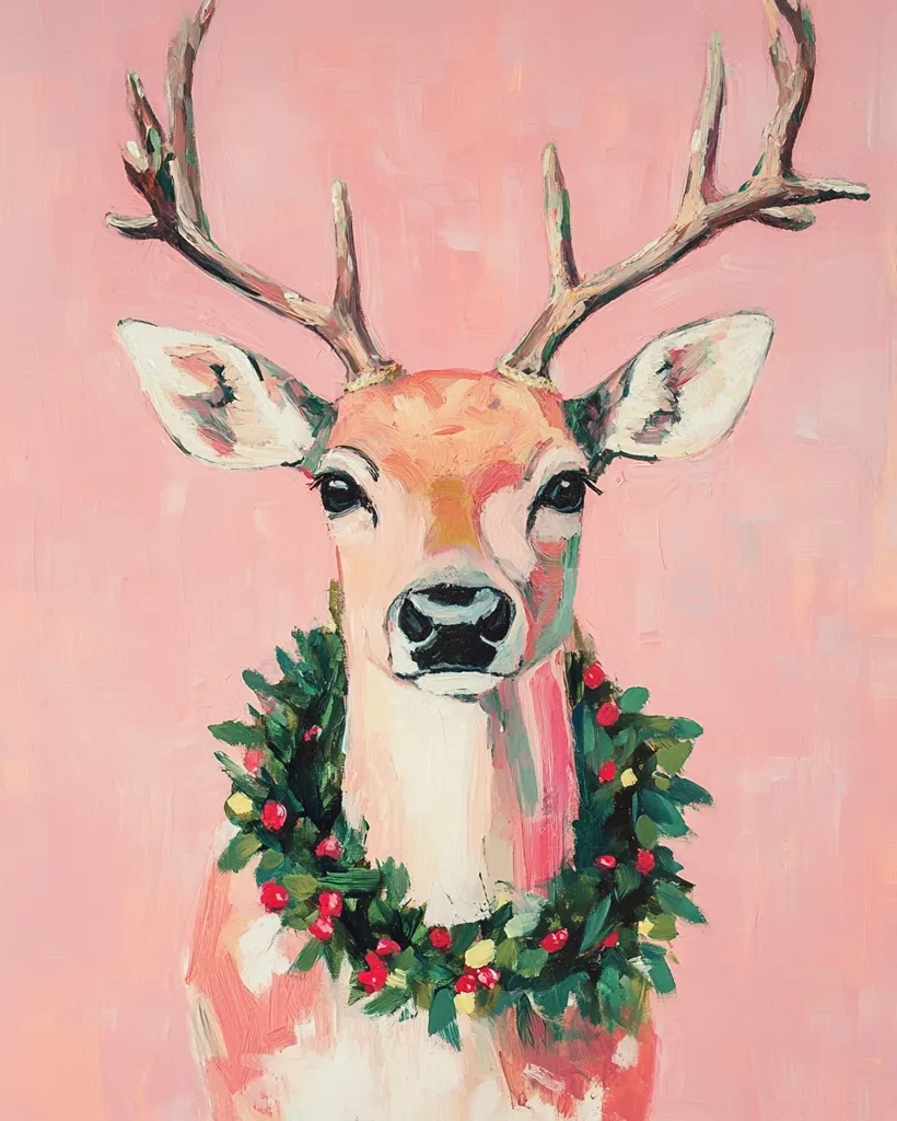 A festive painting depicts a deer with large, expressive eyes and antlers, wearing a holly wreath against a soft pink background. The painting is done in a loose, expressive style with visible brushstrokes. The deer's warm, gentle expression creates a cheerful, inviting mood.