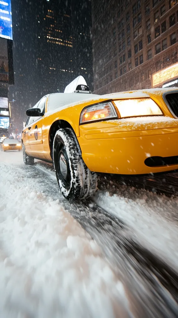 A yellow taxi cab drives through a snowy city street. The car is in focus, with the city buildings in the background out of focus. The road is covered in snow, and the car's tires are gripping the road. The taxi's light is on, illuminating the snow-covered street.