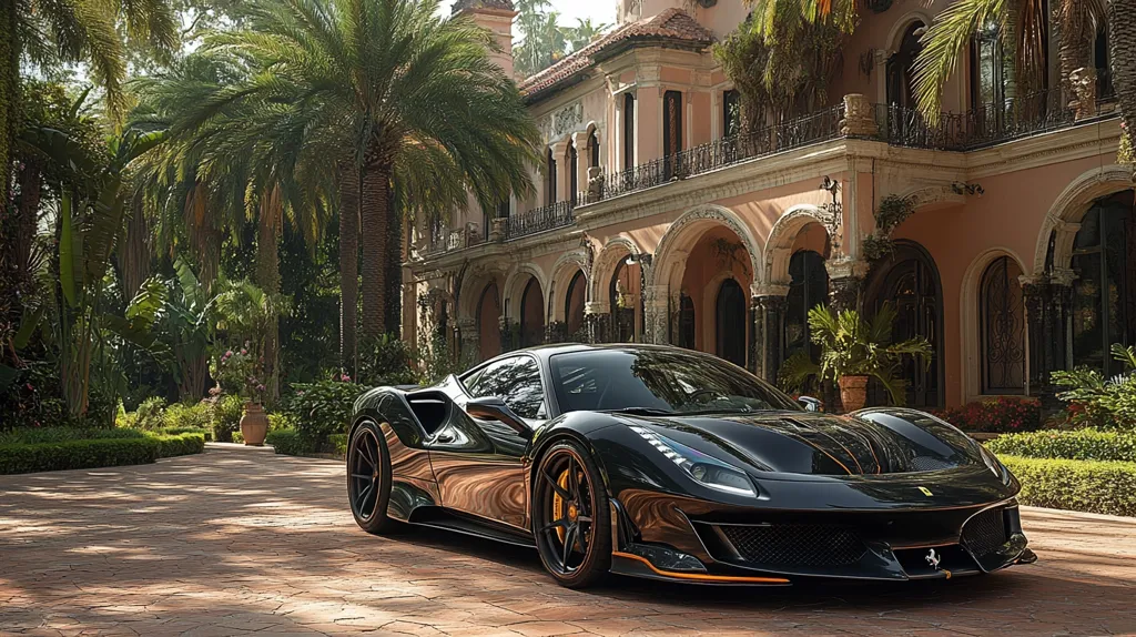 A sleek, black Ferrari sports car is parked in front of a luxurious, Mediterranean-style mansion. The car is gleaming in the sun, and the orange accents on the front bumper and wheels add a touch of color. The mansion has a grand facade with arched doorways and a lush garden with palm trees. The scene exudes opulence and sophistication.