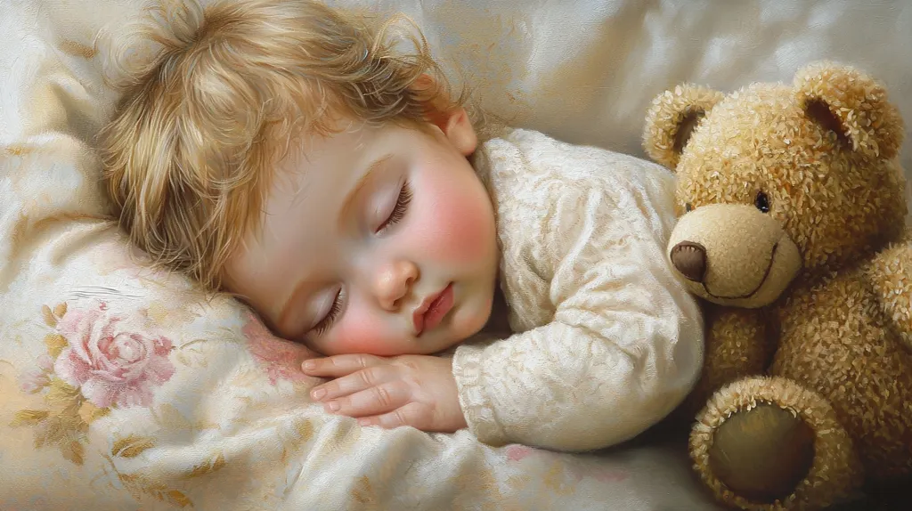 The image depicts a young child sleeping soundly on a bed with a teddy bear beside them. The child's face is rosy with sleep, and their blonde hair is tousled. The teddy bear has a gentle, smiling expression. The bed is adorned with a white and pink floral patterned pillow, adding a touch of sweetness to the scene. The overall feeling of the image is one of peace and innocence.