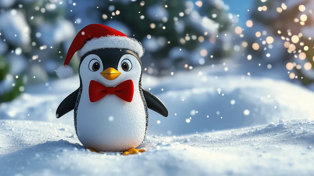 A cute penguin wearing a red Santa hat and a red bow tie stands on a snowy ground. Snow falls around the penguin, creating a whimsical winter scene. The background is blurred, with trees and out-of-focus lights visible, adding to the festive ambiance. The image evokes a sense of warmth and joy, perfect for celebrating the holiday season.