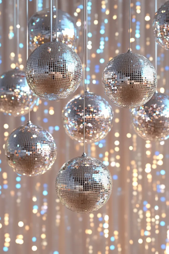 A close-up shot of several disco balls hanging from the ceiling. The balls are made of mirrored tiles, and they reflect the light from the surrounding area, creating a dazzling effect. The background is a blur of glittering lights. The overall impression is one of celebration and festivity.