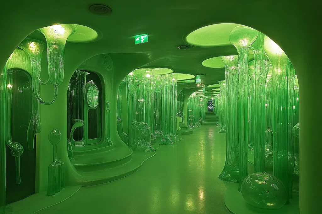 A long, narrow hallway lined with tall, translucent green columns and a green, bubbly ceiling. The walls are a pale green and the floor is a slightly darker shade of green, creating a monochromatic color scheme. The hallway curves gently and seems to lead to a darker area at the end. The light reflects off the glass, giving the hallway a dreamy quality. The space is both futuristic and whimsical.
