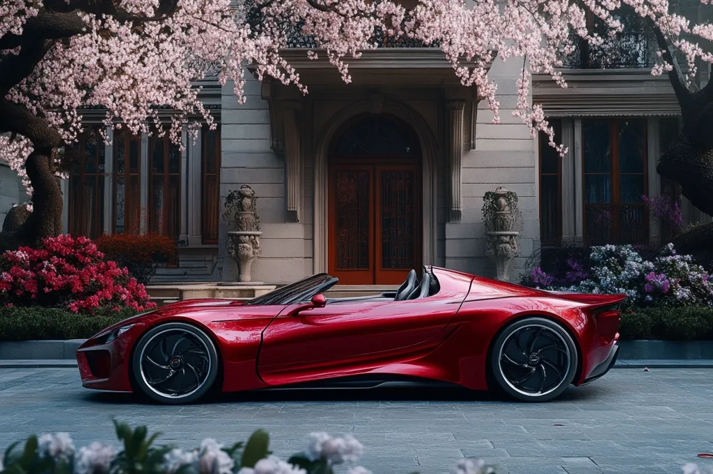 A bright red sports car is parked in front of a grand, white house. The car is a convertible and has black wheels and a sleek design. The house has a large arched doorway, and the windows are all trimmed in black. There are trees with pink flowers in the foreground and background. The overall scene is luxurious and sophisticated.