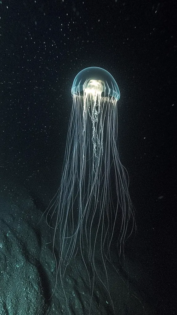 A bioluminescent jellyfish with a translucent bell and long, trailing tentacles floats in the dark depths of the ocean. The jellyfish glows with a soft, ethereal light, illuminating the surrounding water. The background is a dark, star-studded expanse, creating a sense of mystery and wonder.