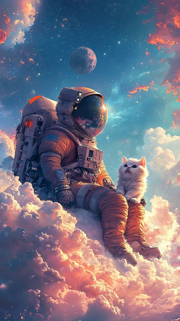 An astronaut, wearing a bulky spacesuit, sits on a cloud, looking up at the night sky.  A white cat sits on the astronaut's leg, looking at the viewer.  The background is filled with fluffy clouds, scattered stars, and a large moon. The scene is painted in a vibrant and dreamlike style.