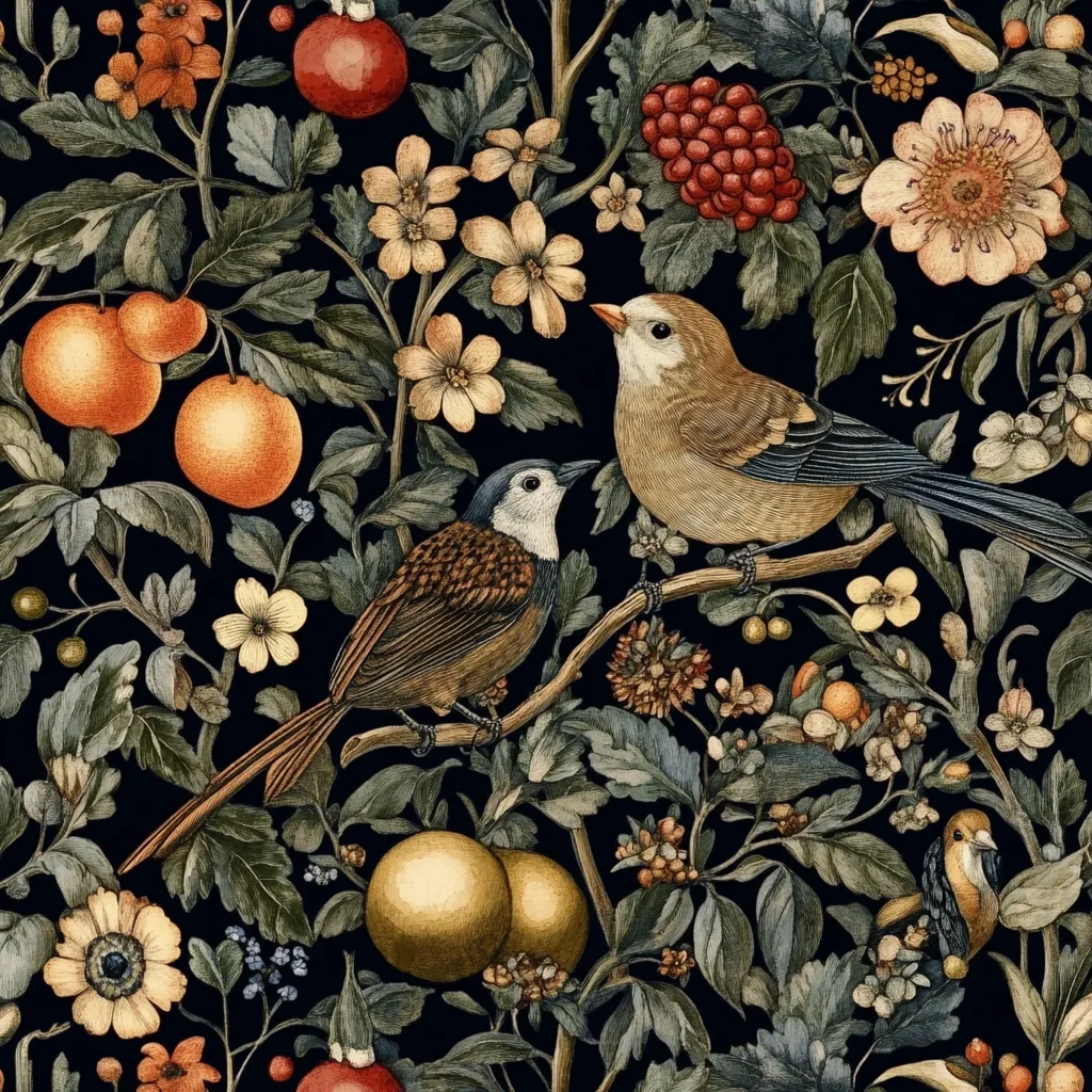 The image is a detailed, intricate illustration featuring a lush, vibrant garden scene against a dark background. The garden is filled with a variety of flowers in shades of pink, yellow, and white, as well as green leaves and branches. Two birds are perched on a branch, one with brown and white feathers and the other with brown and blue feathers. The birds are surrounded by red berries, small yellow fruits, and other botanical details. The artwork has a delicate, almost antique feel, with the details rendered in a realistic, slightly stylized manner.
